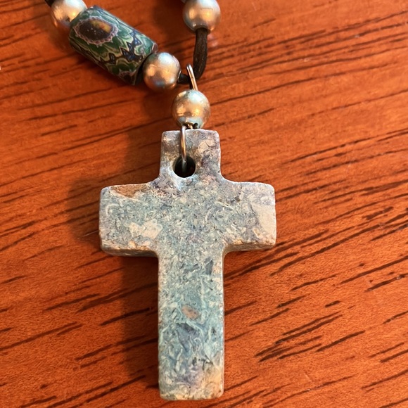 Beautiful boho style necklace with chunky blue stone cross on a leather cord. - Picture 5 of 16
